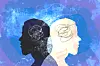 A photo illustration of two people with swirling thoughts.