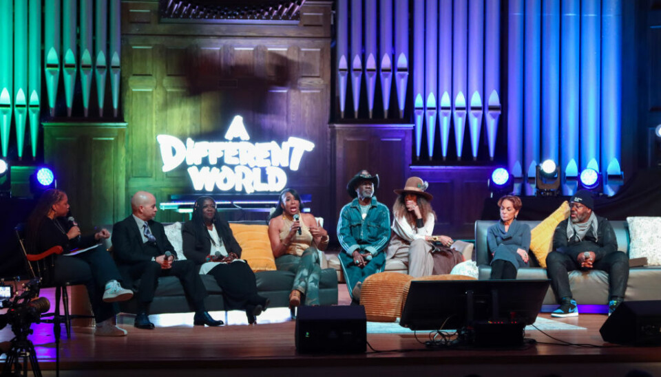 Darryl M. Bell, Charnele Brown, Dawnn Lewis, Glynn Turman, Cree Summer, Jasmine Guy and Kadeem Hardison attend A Different World HBCU College Tour 2024 at Martin Luther King Jr. International Chapel at Morehouse College on February 29, 2024 in Atlanta, Georgia.