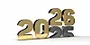 3D rendered, gold color 2025 text turning to 2026 on isolated white background. Clipping path with large copy space.