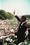 Dr Martin Luther King Jr (1929 - 1968) waves to participants in the Civil Rights Movement's March on Washington, Washington DC, August 28, 1963.