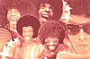 Retro collage of a smiling man in 1970s style with stars and warm graphic shapes sly stone