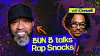 Graphic shows two hosts and 'Bun B Talks Rap Snacks' text on a bright abstract background