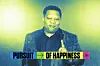 Man in a patterned jacket gesturing with a colorful pursuit of happiness banner overlay