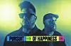Two musicians in sunglasses and cap lit by neon colors with pursuit of happiness text