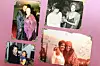Four printed photos arranged on a pink background in a casual collage.