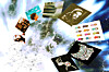 Collage of floating images of drake album covers, radiating from a bright center.