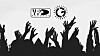 Black silhouettes of raised hands in a crowd against a white background with two logos above.