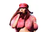 Singer in a red cap and pink fur jacket holding a microphone on a white stage background.