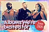 Promotional graphic showing three music artists beside text announcing albums to look forward to in June 2026.