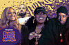 Collage of four performers on a yellow and purple Black Music Month promotional background.