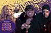 Collage of four performers on a yellow and purple Black Music Month promotional background.