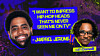 Colorful graphic with two headshots and a large yellow quote on a purple background.