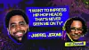 Colorful graphic with two headshots and a large yellow quote on a purple background.