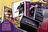 Overlapping music posters and album covers on a purple and gold decorative background.