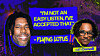 Two men stand before a purple poster with bright yellow text and stylized portrait images.