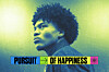 Curly-haired person in profile beneath a bright graphic that says 'Pursuit of Happiness.'