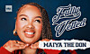 Promotional portrait of Mya The Don smiling against a blue background with decorative text.