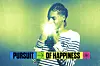 Stylized portrait of a young man in a striped shirt with a bright flare and text reading “Pursuit of happiness.”