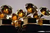 Grammy Award trophies are seen in the press room during the 64th Annual Grammy Awards at the MGM Grand Garden Arena in Las Vegas on April 3, 2022.