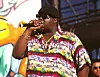 The Notorious B.I.G. colorful shirt black hat
