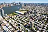An aerial view of the Greenpoint - Williamsburg Waterfront on August 13, 2022 in New York City.
