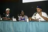 Filmmakers Spike Lee and The Hughes Brothers (Albert Hughes, Allen Hughes) appear at a press conference on June 10, 1993 in New York City.