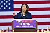 Kamala Harris giving speech in front of american flag