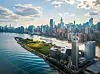 Aerial of Roosevelt Island and Four Freedoms state park downtown Manhattan on a cloudy day.