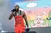 Freddie Gibbs performs on stage wearing birght orange overalls with his classic pink easter bunny projected on a wall behind him.