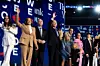 President Joe Biden, center, and Vice President Kamala Harris, second from left, appear with their families after Biden addressed the Democratic National Convention at the United Center in Chicago, Ill., on Monday, August 19, 2024.