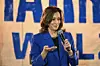 US Vice President and Democratic presidential candidate Kamala Harris speaks during a stop on her campaign bus tour in Rochester, Pennsylvania, on August 18, 2024.