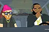 Killer Mike and El-P animated and smoking in a car.