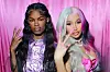 Cardi B and FendiDa Rappa in pink and purple against a purple background.