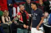 Canadian rapper Drake talks to Eastern Conference Toronto Raptors DeMar DeRozan (10) during half time in the NBA all-star game in Toronto, Ontario. Toronto Star/Todd Korol